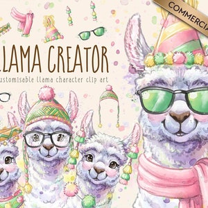 May include: Llama Creator: A digital clipart set featuring watercolor illustrations of llamas wearing various accessories, including hats, sunglasses, and scarves. The set includes customizable llama characters for creating unique designs.
