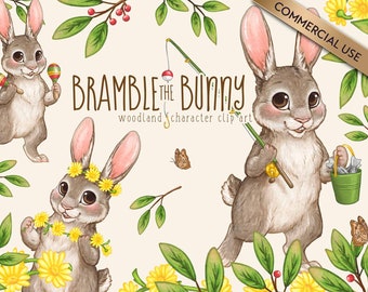 May include: Three watercolor illustrations of brown bunnies with different activities. One bunny is playing maracas, one is fishing, and one is wearing a flower crown. The text "Bramble the Bunny" and "Woodland character clipart" is written below the bunnies.