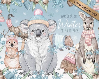 Australian Winter Clipart Bundle, Australian Animals PNG Clip Art Pack, Australian Animal Drawing, Commercial Use Option, Instant Download
