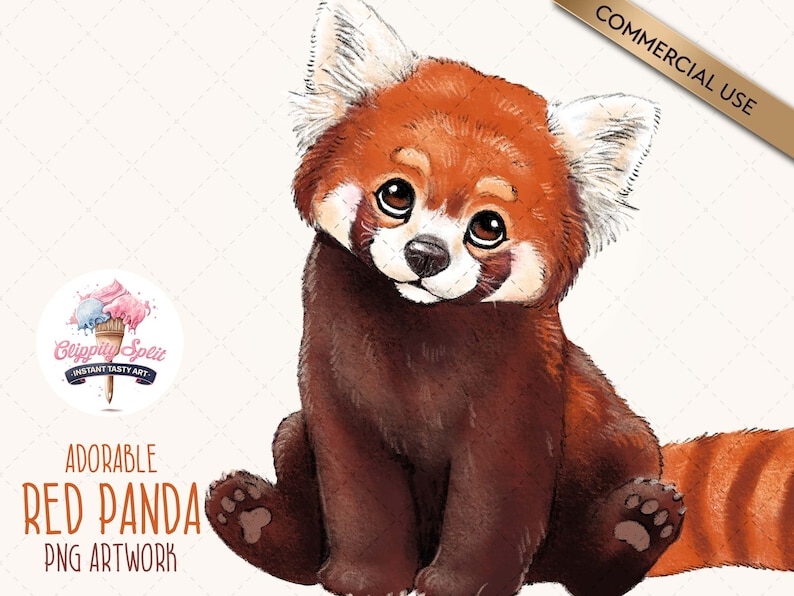 May include: Adorable red panda sitting with its paws tucked in. The red panda has a fluffy tail and big brown eyes. Watercolor illustration.