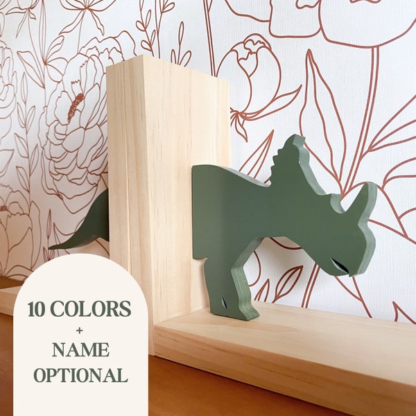 Wooden Dinosaur Bookends for Kids Room Customizable Bookends for Boy Nursery Room Dinosaur Nursery Shelf Triceratops Personalized Bookend