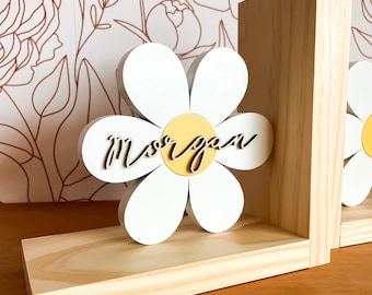White Flower Personalized Bookend Daisy Bedroom White Floral Neutral Shelf Decor Girls Nursery Room Decor for Neutral Nursery Bookshelf
