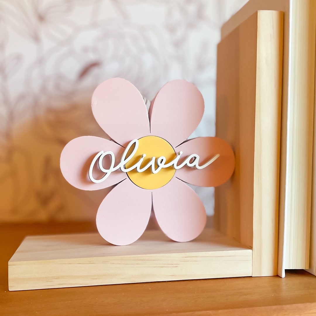 Pink Flower Personalized Bookend Girls Bedroom Pink Daisy Shelf Decor