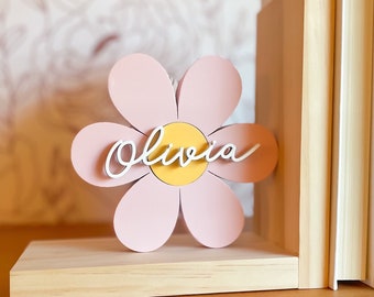 Rosa Blume personalisierte Buchstütze für Boho Schlafzimmer Rosa Blumen Boho Regal Dekor Mädchen Kinderzimmer Zimmer Dekor für Boho Kinderzimmer Flower-Power