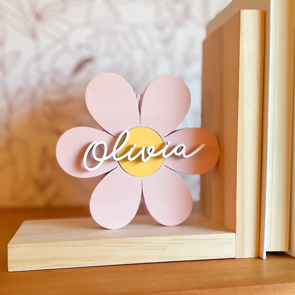 Pink Flower Personalized Bookend for Boho Bedroom Pink Floral Bohemian Shelf Decor Girls Nursery   Room Decor for Boho Nursery Flower Power