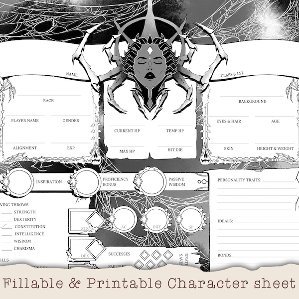 D&D Character Sheet - Drow Spider Queen - Custom Character Sheets - Fillable and Printable Black and White - DnD 5e