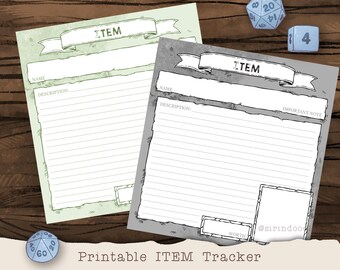 May include: Printable item tracker with two blank templates. Each template has a title "ITEM" with a banner above it. The templates have fields for name, description, and important note. The template on the right also has a field for worth.