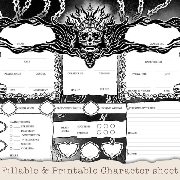 D&D Character Sheet - Necromancer - Custom Character Sheets - Fillable and Printable Black and White - DnD 5e
