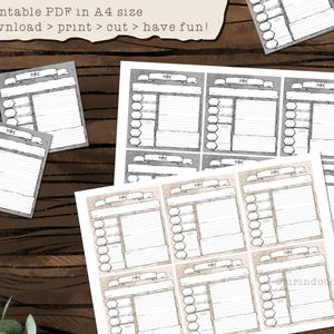 May include: Printable PDF sheets for creating non-player characters (NPCs) for role-playing games. The sheets have a gray and brown parchment-like background with a handwritten style font. The text "Printable PDF in A4 size download > print > cut > have fun!" is at the top of the image.