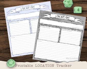 May include: Two printable location tracker sheets with a banner that says "LOCATION". The sheets have sections for name, notable places, important NPCs, notes, and reason for visit. The text "Printable LOCATION Tracker" is at the bottom.