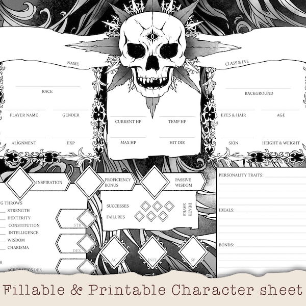 D&D Character Sheet - Royal Death - Custom Character Sheets - Fillable and Printable Black and White - DnD 5e