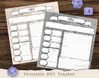 Puede incluir: Hojas de personaje imprimibles para juegos de rol. Se muestran dos hojas, una con fondo marrón y otra con fondo gris. Ambas hojas tienen un banner en la parte superior que dice "NPC". Las hojas están diseñadas para rastrear información de personajes como nombre, estadísticas, rasgos, acciones y notas.