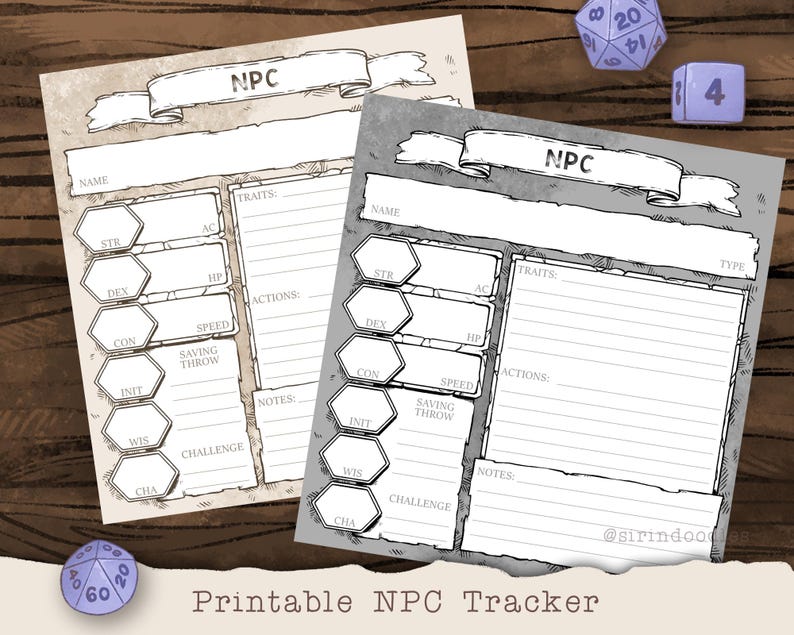 May include: Printable character sheets for role-playing games. Two sheets are shown, one with a brown background and one with a gray background. Both sheets have a banner at the top that says "NPC". The sheets are designed to track character information such as name, stats, traits, actions, and notes.