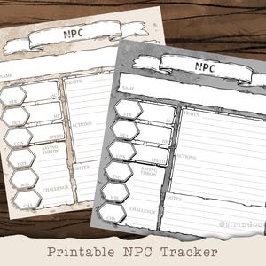 May include: Two printable character sheets for role-playing games. The sheets are designed to track non-player characters (NPCs) with sections for name, stats, traits, actions, notes, and challenge. The sheets are in a parchment style with a banner at the top that reads "NPC".