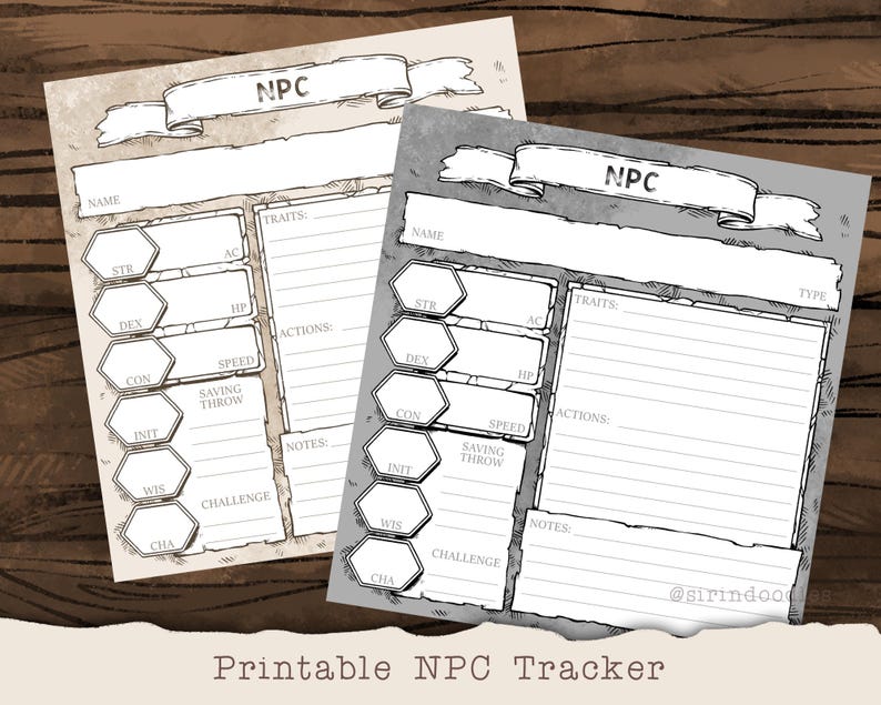 May include: Two printable character sheets for role-playing games. The sheets are designed to track non-player characters (NPCs) with sections for name, stats, traits, actions, notes, and challenge. The sheets are in a parchment style with a banner at the top that reads "NPC".