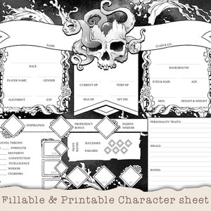 Foglio dei personaggi D&D - Deep Sea - Fogli dei personaggi personalizzati - Compilabile e stampabile in bianco e nero - DnD 5e