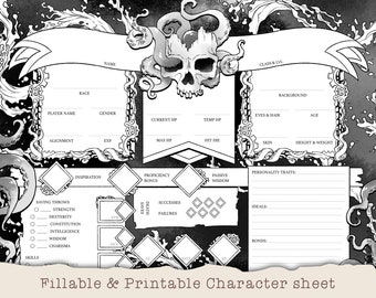 D&D Character Sheet - Deep Sea - Custom Character Sheets - Fillable and Printable Black and White - DnD 5e