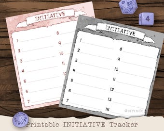 May include: Two printable initiative trackers for role-playing games. The trackers are on pink and gray paper with a medieval-style border. The trackers have numbers 1-7 and 8-14 listed on the left and right sides, respectively.