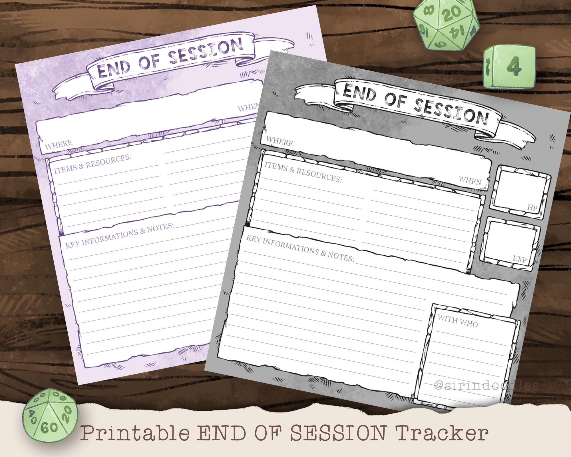 D&D End of SESSION tracker - Printable End of Session  Note Card - Dungeon Master's kit / Adventurer's Kit Downloadable PDF