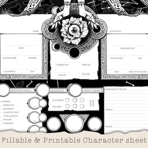 May include: Black and white character sheet with a celestial background. The sheet includes sections for name, race, class, alignment, experience points, saving throws, skills, and more.
