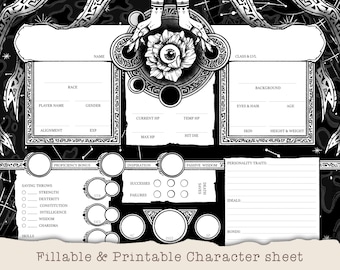 D&D Character Sheet - Starry Magic - Custom Character Sheets - Fillable and Printable Black and White - DnD 5e