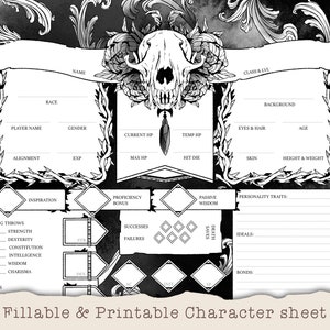 D&D Character Sheet - Fox Magic - Custom Character Sheets - Fillable and Printable Black and White - DnD 5e