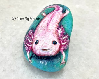 Cute Axolotl collectible, hand painted rock pet pink axolotl, unique keepsakes for Pet axolotl owners, animal rock painting