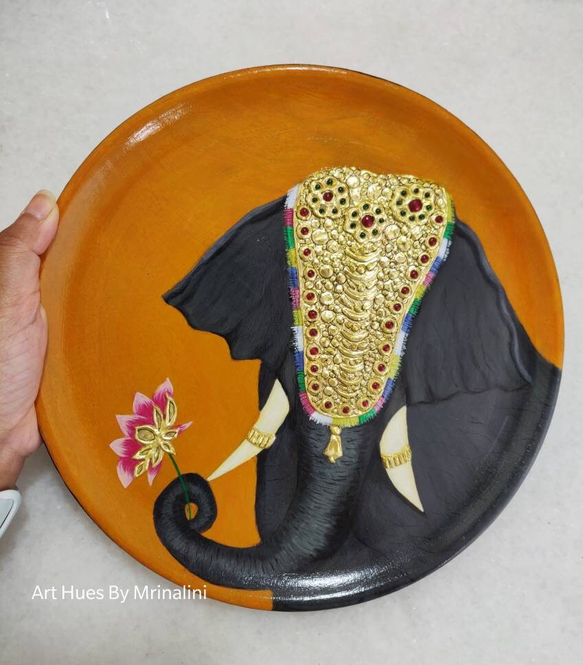 Peinture d'éléphant Indien, Plaque Murale d'art Indien Décoratif, Bois de Manguier, Peinture Tanjore