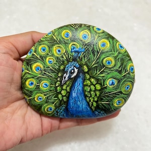 Hand-Painted Peacock Rock: Acrylic Bird Painting, Decorative Stone