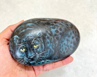 Black Panther Painted Rock | Original Leopard Art, Unique Stone Paperweight | Wildlife Decor | Leopard Lover Gift | Big Cat Collectible