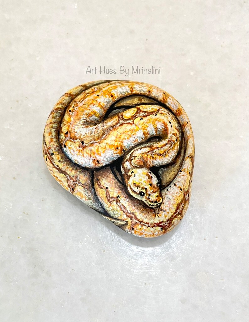 Puede incluir: Una piedra pintada a mano con la forma de una serpiente enrollada. La serpiente est&aacute; pintada en tonos beige y marr&oacute;n con marcas marrones m&aacute;s oscuras. El texto "Art Hues By Mrinalini" es visible.