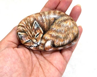 Sleeping Cat Painted Stone: Realistic cat Art, Cat Lover Gift, Custom Cat painted stone