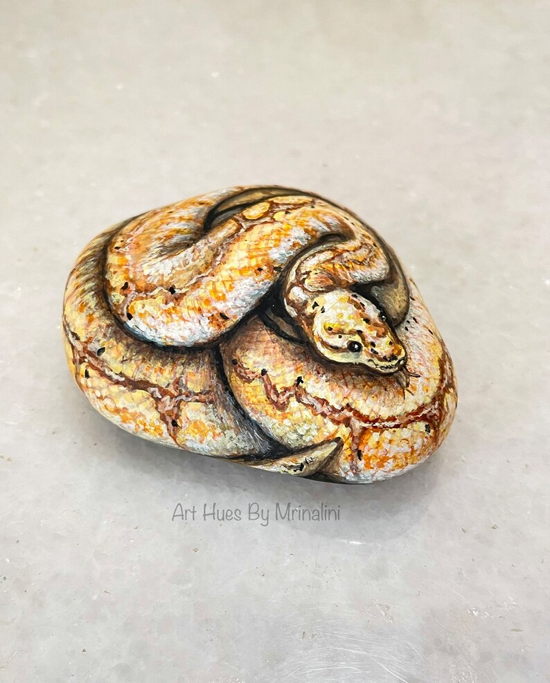 Puede incluir: Una piedra pintada a mano con forma de serpiente enroscada. La serpiente est&aacute; representada en tonos beige, marr&oacute;n y crema, con escamas y marcas detalladas. La obra de arte est&aacute; firmada "Art Hues By Mrinalini".
