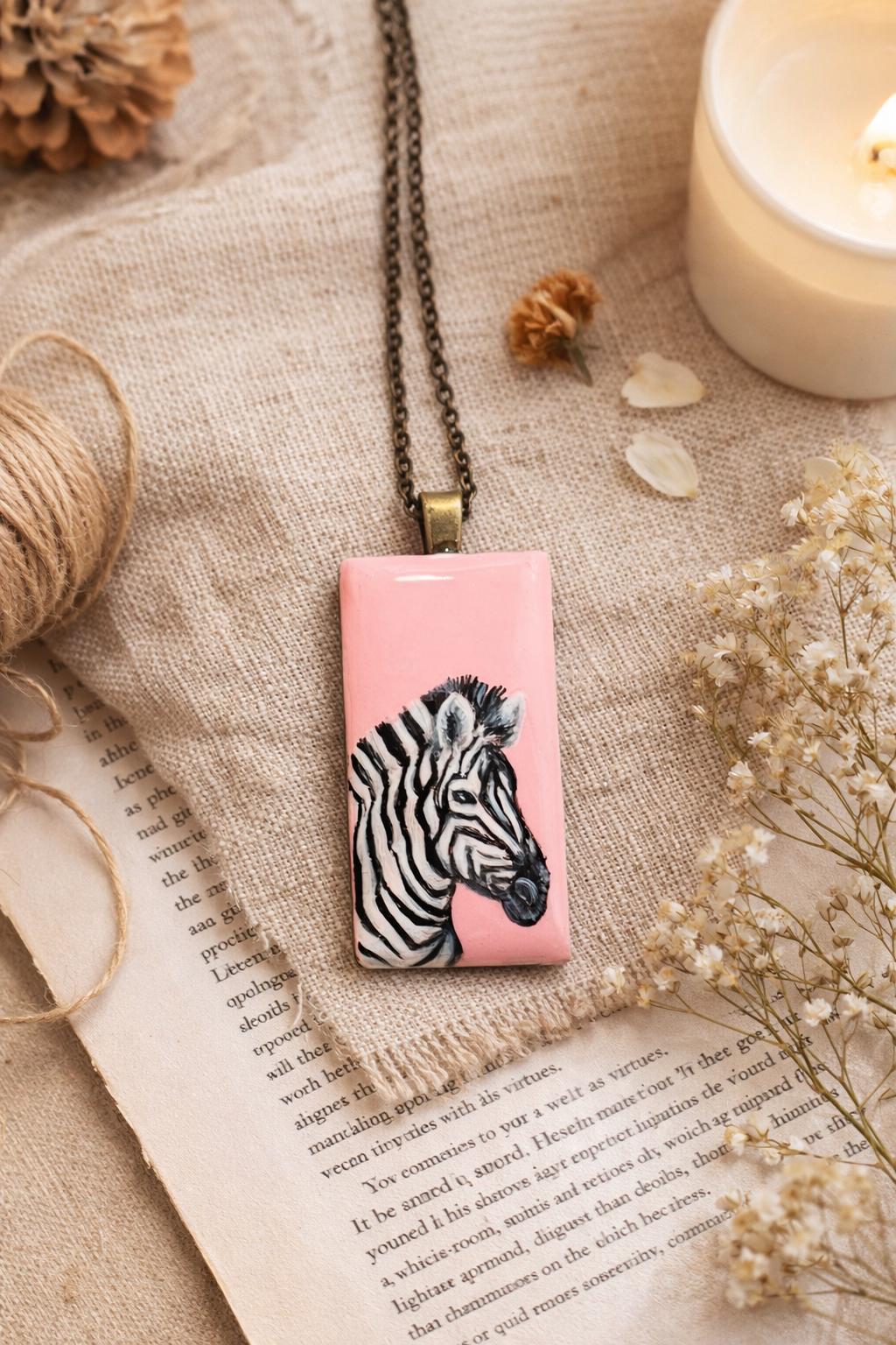 Hand Painted African Safari Necklace – Cheetah, Lion, Zebra
