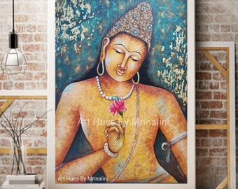 Arte mural original de Buda, pintura acrílica original sobre lienzo, pintura abstracta de Buda, arte indio para el hogar y la oficina, regalos de buena suerte
