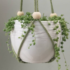 May include: A white ceramic hanging planter with a textured surface, filled with a trailing succulent plant. The planter is suspended by green rope and wooden beads. The plant has small, round, green leaves.
