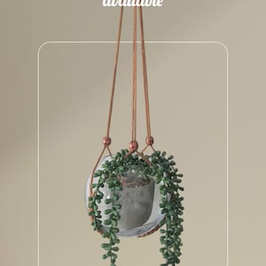 May include: A hanging glass terrarium with a trailing green plant. The terrarium is suspended by brown rope and features a decorative copper-coloured bead. Text on the image reads "Variable lengths available."