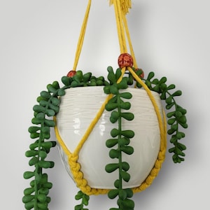 May include: A white ceramic hanging planter with a textured surface, filled with green succulent plants. The planter is suspended by a yellow macrame hanger with decorative wooden beads. The design is modern and minimalist.