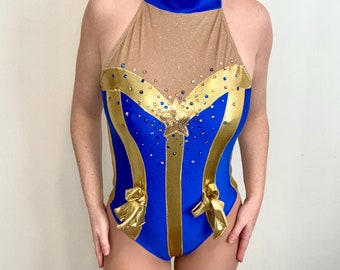 Blue Circus Leotard: Striped Halter, Rhinestone Detail, Detachable Bows