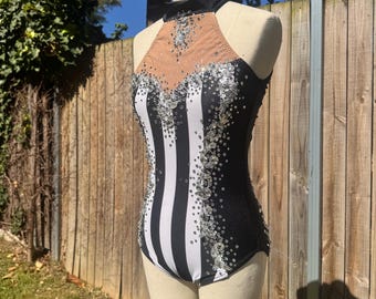 Black and White Striped With Silver Leotard for Circus Pole Aerial Dance Lyra  Performance