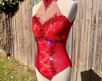 Red Lace and Mesh Leotard for Circus Pole Aerial Dance Lyra  Performance