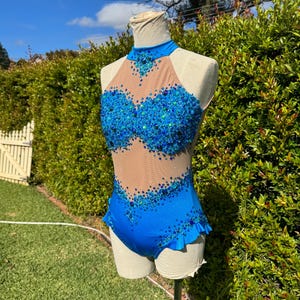 Sky Blue / Cyan Leotard with hip ruffles for Circus Pole Aerial Dance Lyra Trapeeze Circus Performance