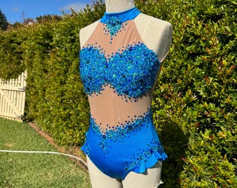 Sky Blue Rhinestone Leotard: Halter Circus Costume