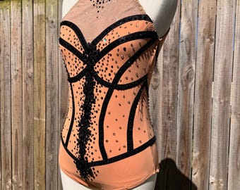 Black Gold and Tan/Nude Leotard for Circus Pole Aerial Dance Lyra  Performance