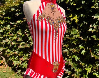 Red and White Striped Circus Leotard for Aerial Pole Circus Lyra Dance Performance