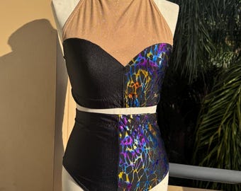 Black & Multicolored Lycra 2-Piece Costume: Pole, Aerial, Dance