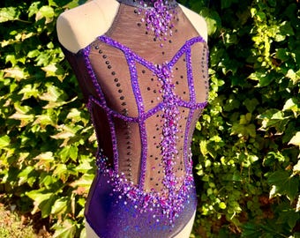 Purple & Black Rhinestone Leotard: Halter Circus Costume