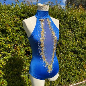Blue and Gold Mesh Cutout Ribbon Corset Style Leotard for Circus Pole Aerial Dance Lyra Trapeeze Circus Performance