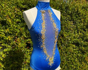 Blue & Gold Rhinestone Corset Leotard: Circus, Pole, Aerial Dance