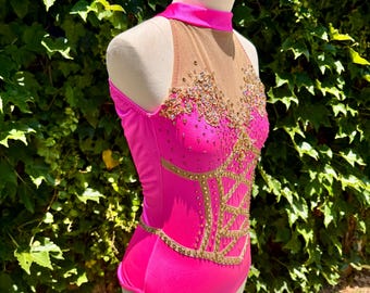 Pink & Gold Circus Leotard Rhinestone Halter, Aerial Dance Costume